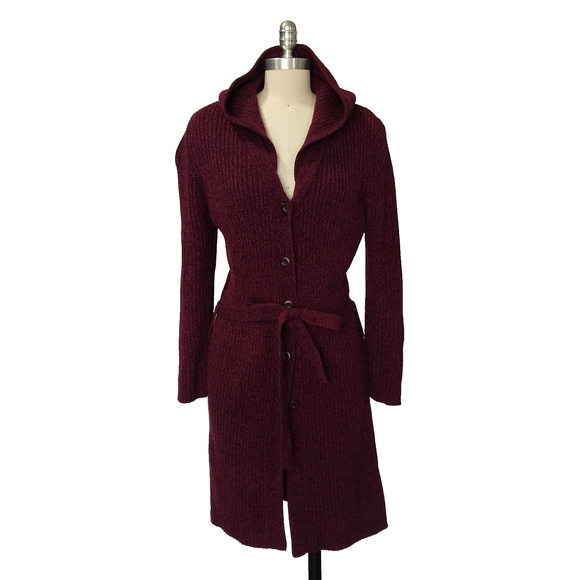 Vintage Y2K Long Cardigan Sweater Size L Purple Button Front Hooded Belted - Picture 1 of 8